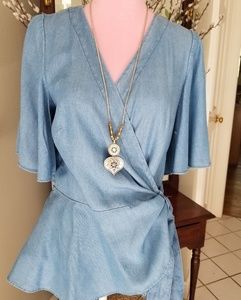 Denim peplum wrap top